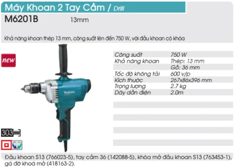 MÁY KHOAN 2 TAY CẦM MAKITA M6201B( 13MM )